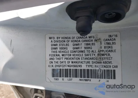 2016 Honda Civic Ex z USA, uszkodzony, nr VIN 2HGFC2F74GH566249